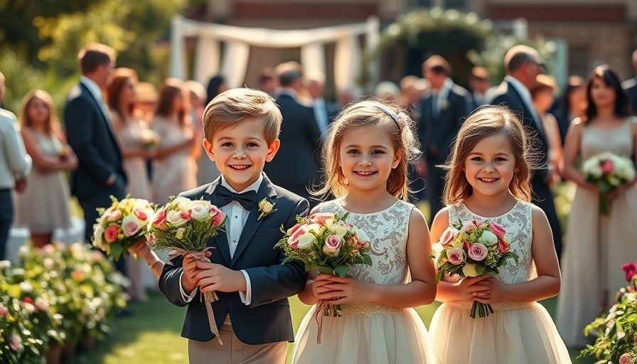 Children in formal wear at wedding, garden setting.