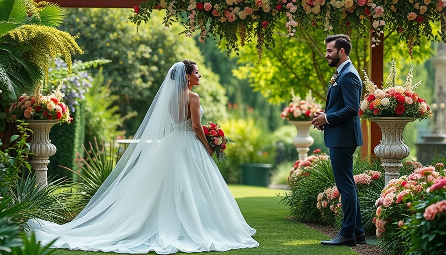 Romantic wedding scene in a lush garden setting.