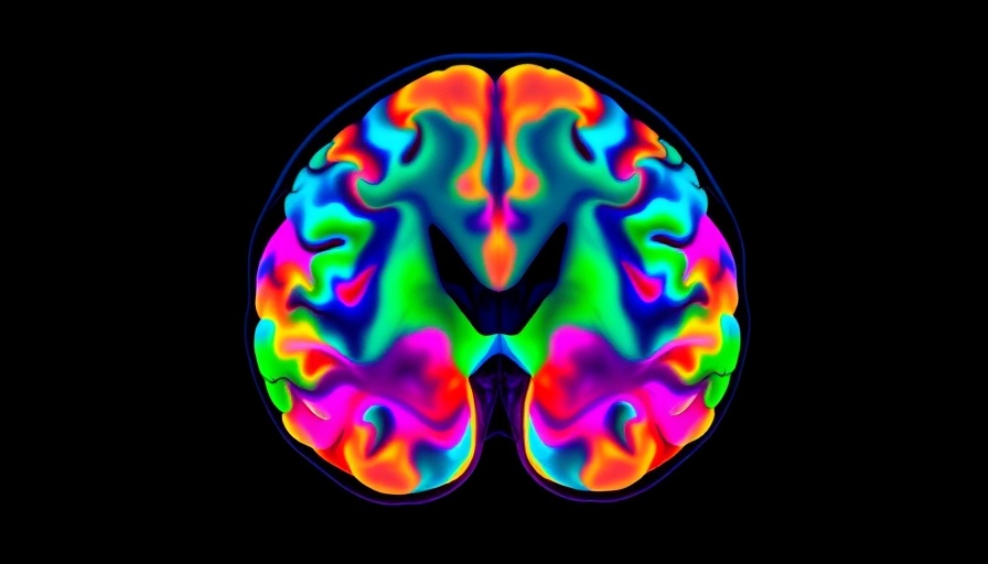 Color-enhanced midlife MRI scan for aging prediction, vibrant mapping.