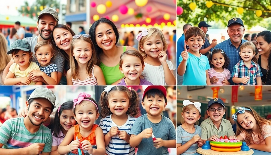 Houston kids events collage, joyful families, festive activities.