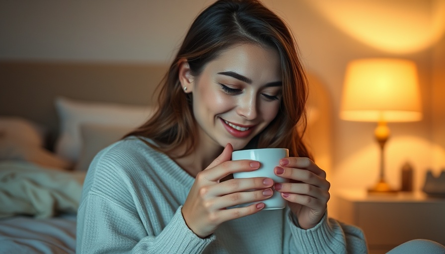 Relaxed woman enjoying a cozy sleep routine in warm lighting.