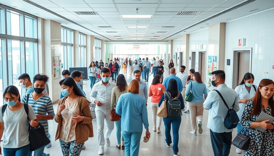 Busy Texas hospital lobby with diverse patients and staff.