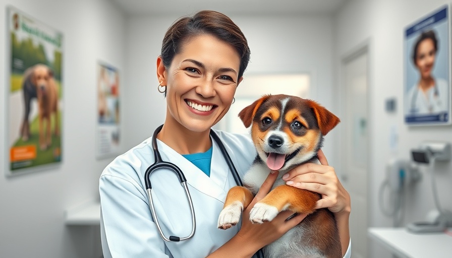Veterinarian holding playful puppy in Austin summer pet vaccination scene.