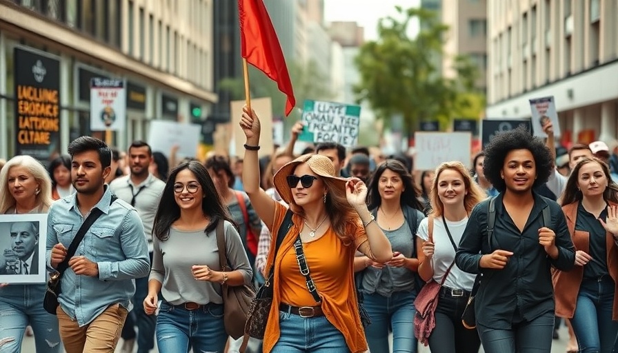 Protesters march with flags and signs, highlighting activism.