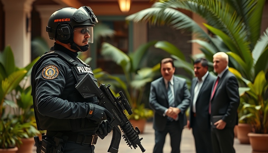 Police presence in lush courtyard amid officials' discussion.