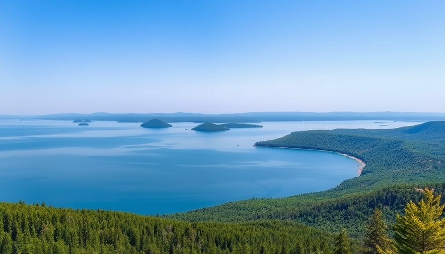 Lush forest and calm waters on Isle Royale under blue sky.