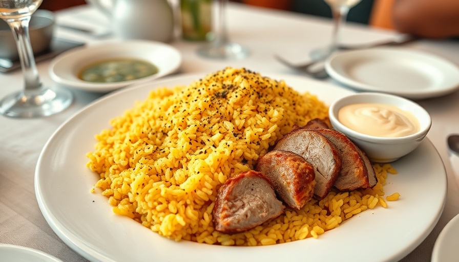 Plate of gyro meat and yellow rice at Olives Mediterranean Grill Arlington