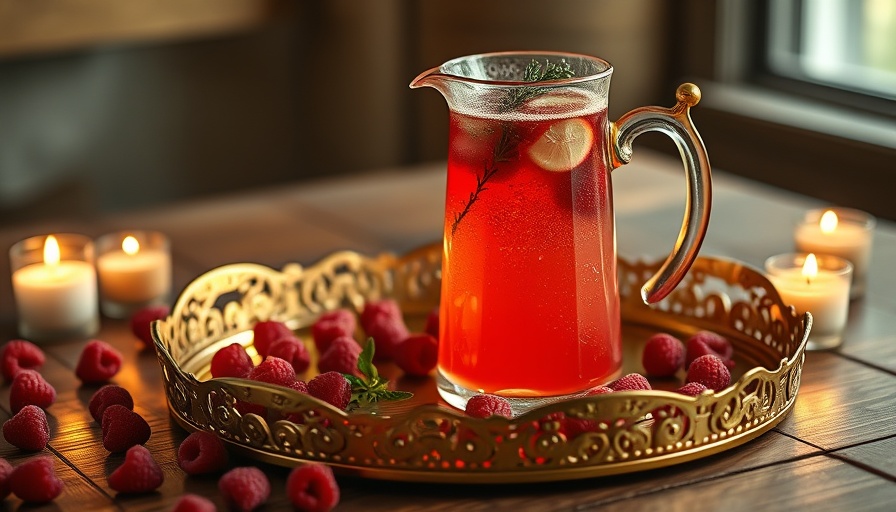 Sparkling Raspberry Thyme Lemonade in ornate jug on golden tray.