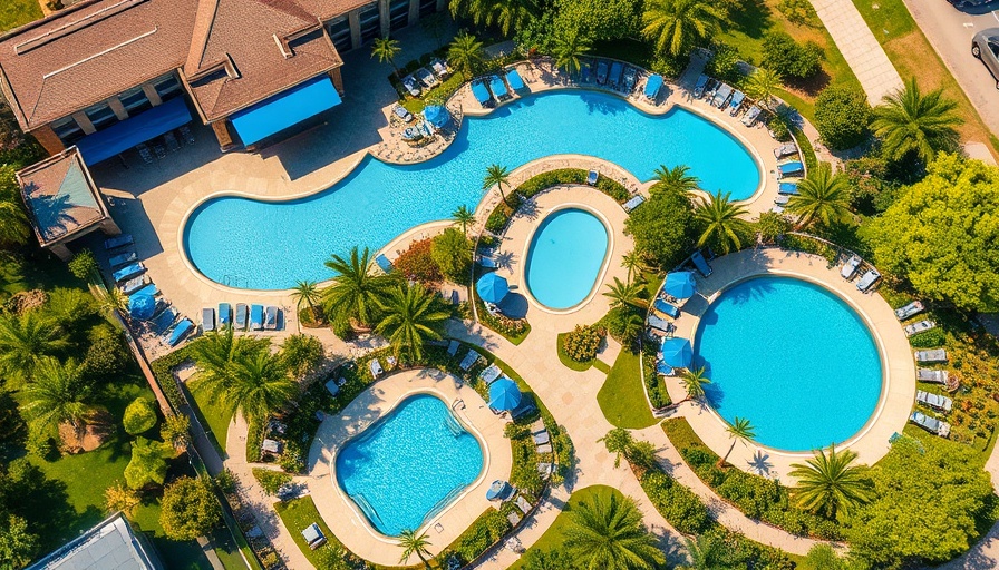Luxurious resort with pools and greenery, showcasing Austin lifestyle.