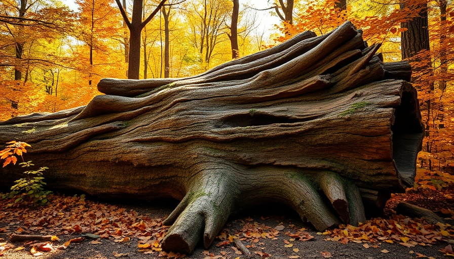 Majestic fallen bur oak tree in Plano's forest clearing, autumn colors.