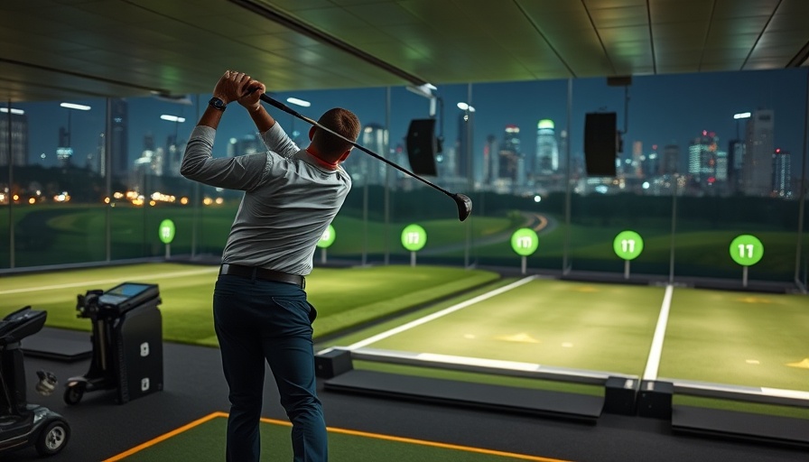 Man playing golf at night range during Austin business networking event.