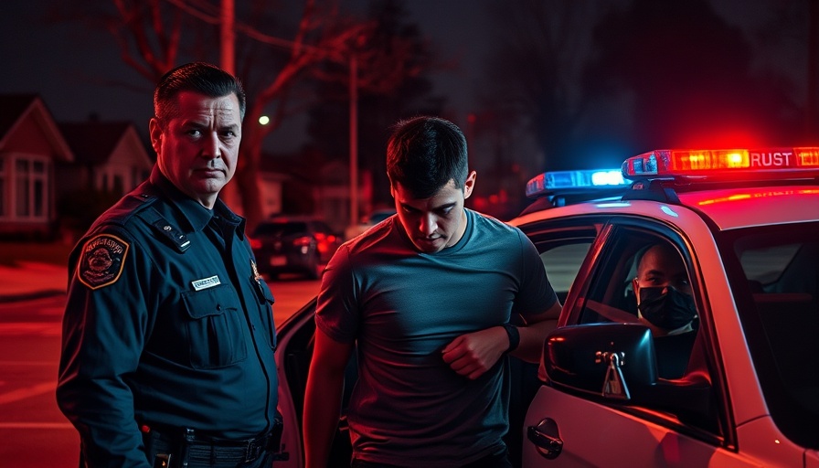 Officers arrest Harris County serial burglary suspect at night near police car.