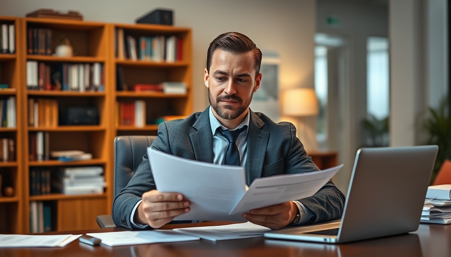 Professional man reviewing documents in office, soft lighting.