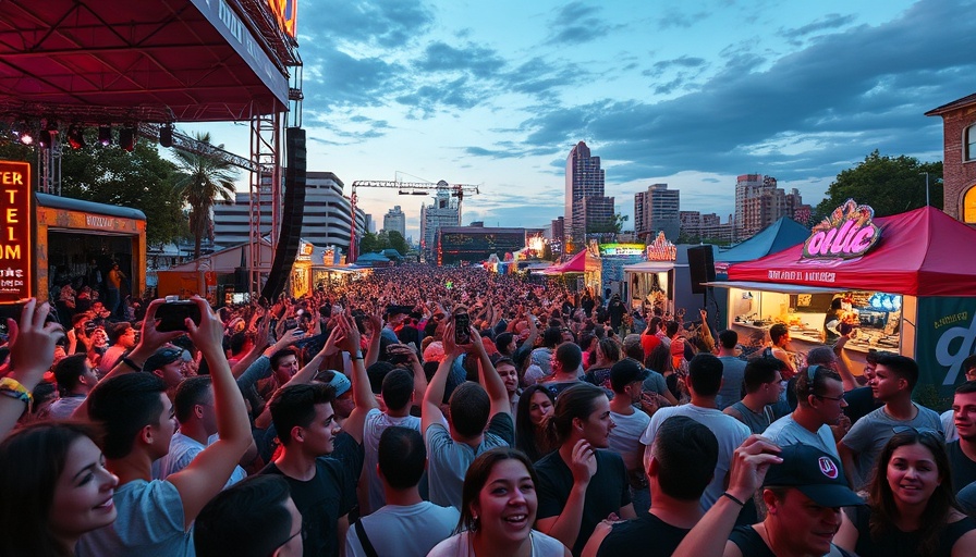 Vibrant scene at free music festival Austin with lively crowd.