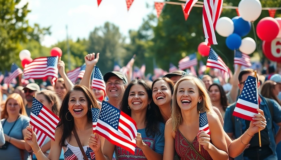 What Voters Love About America: Diverse group celebrating outdoors with flags.