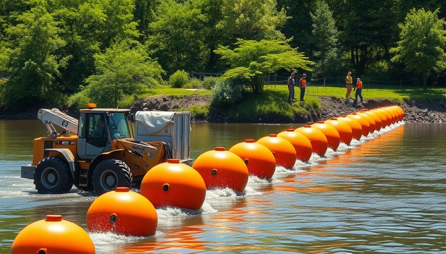 Heavy machinery installing water barrier in Rio Grande