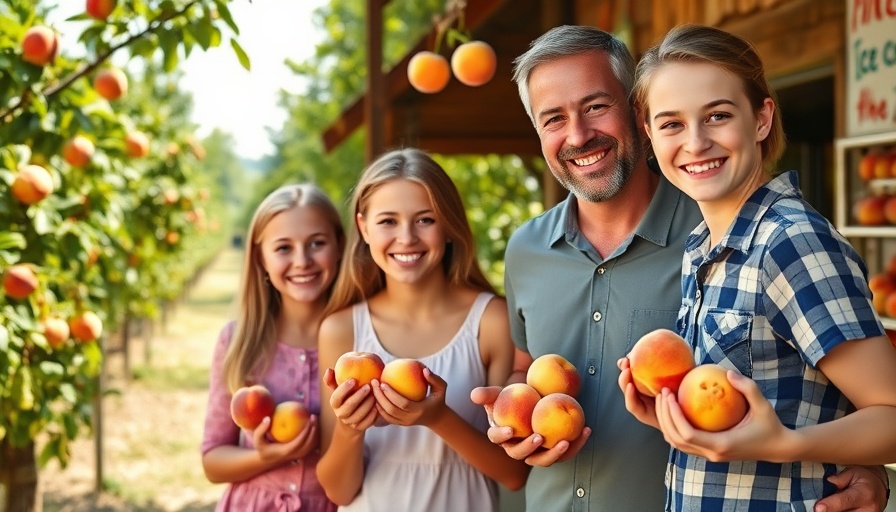 Family at a Texas peach orchard near Austin with fresh peaches