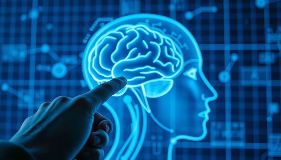 Hand pointing at brain illustration within human head, digital interface style.