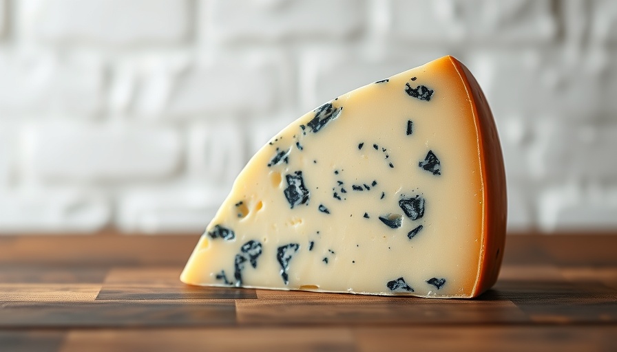 Detailed wedge of blue cheese, wooden surface, white brick background.