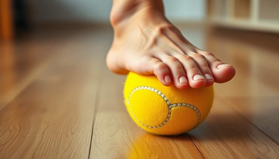 Foot rolling on a tennis ball for health improvement, close-up.