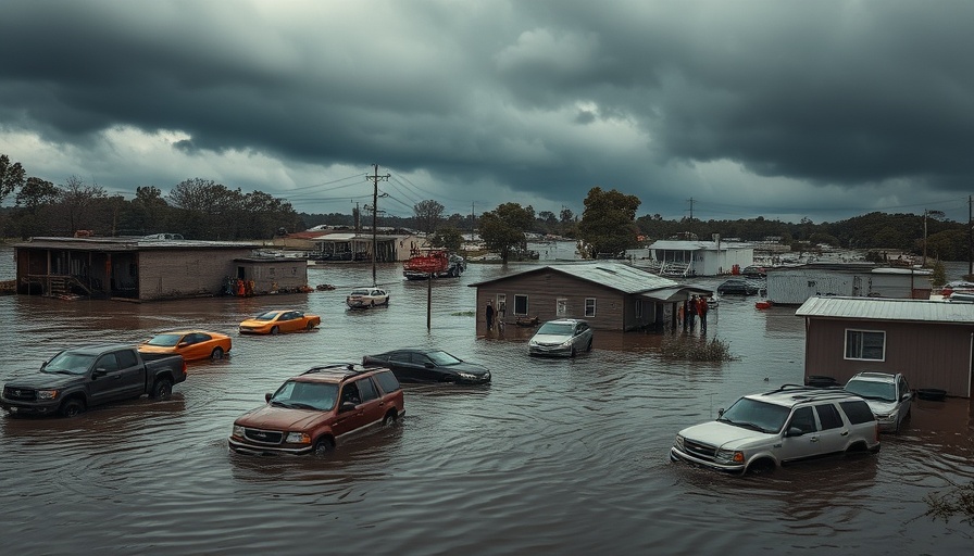 Texas flooding crisis depicted by submerged vehicles and buildings.