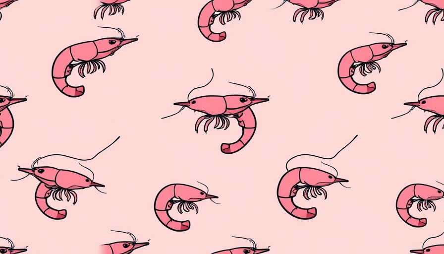 Pattern of pink shrimp with black lines on soft pink background.