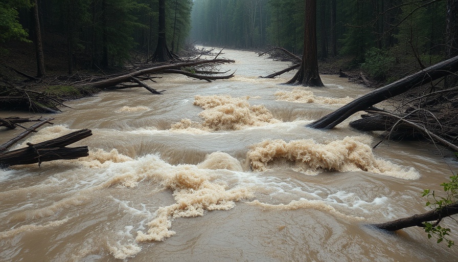 Central Texas flash flooding with debris filled waters in forest.