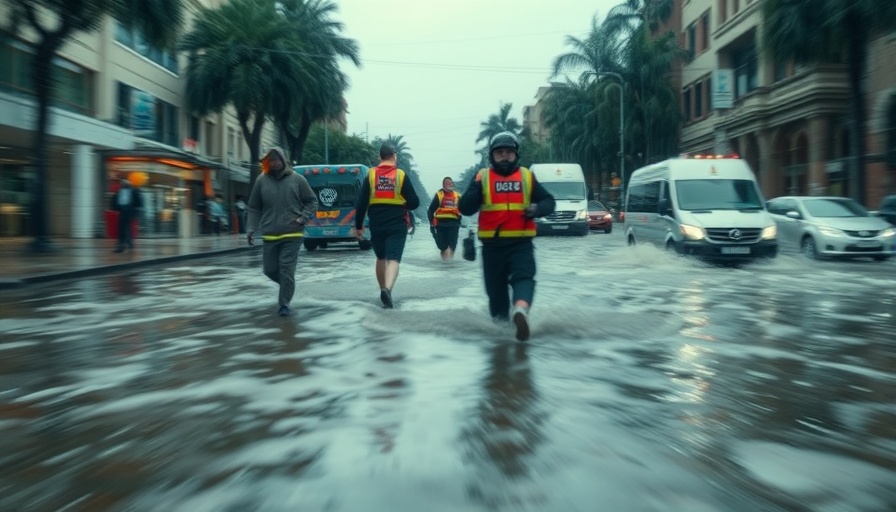 Texas flooding scene with emergency responders.