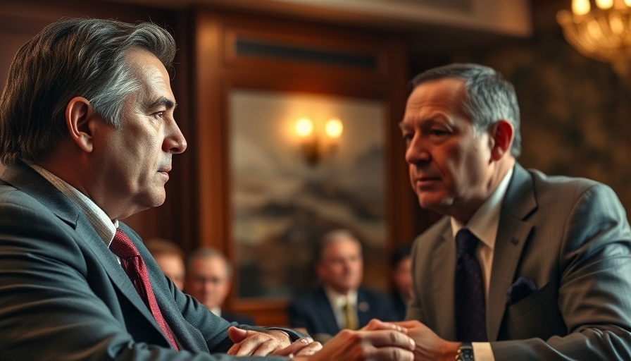 Men debating on tribal water access and nuclear power during a formal event.