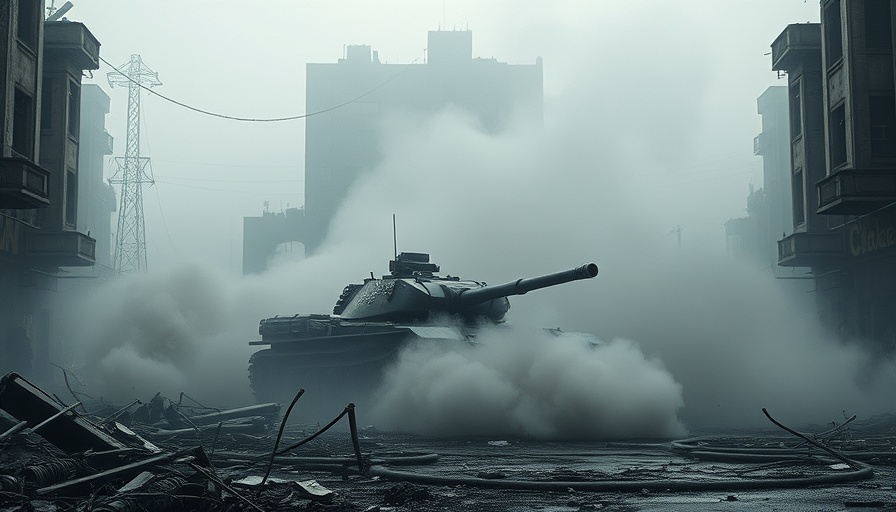Tank in smoke amid ruins, relating to Hamas ceasefire proposal response.