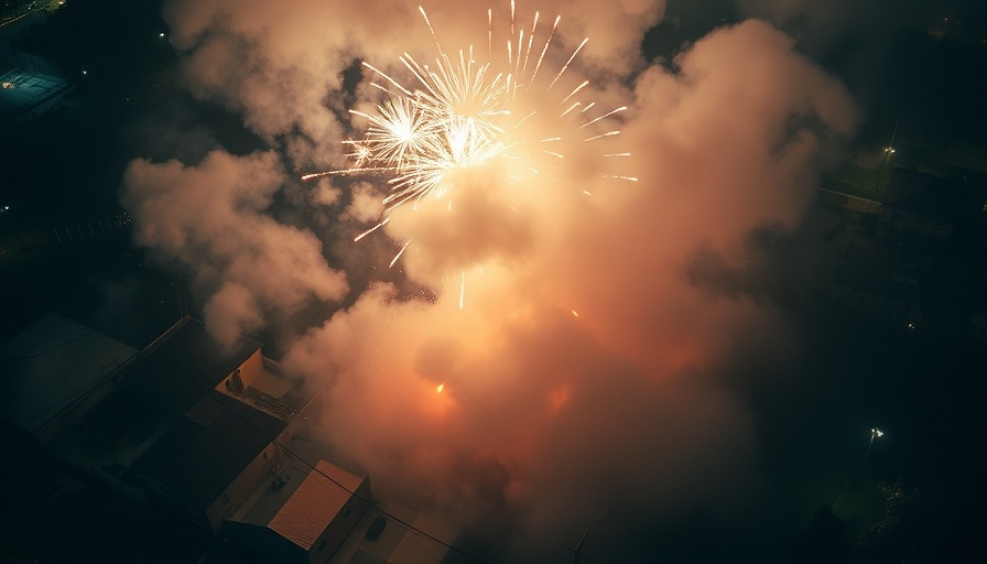 Aerial view of Los Angeles fireworks explosion with smoke and lights.