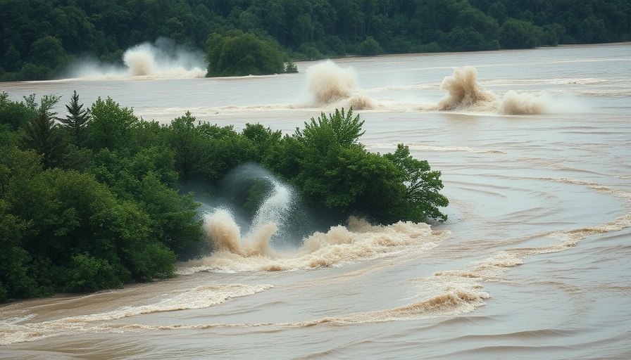 Texas flash floods submerge trees and landscape in overflowing river.
