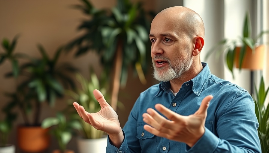 Man giving health advice indoors with plants and engaging gesture.