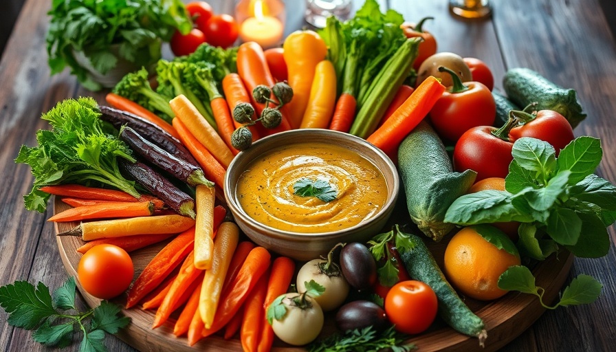 Garden crudités with cilantro orange dressing elegantly arranged on a rustic table.