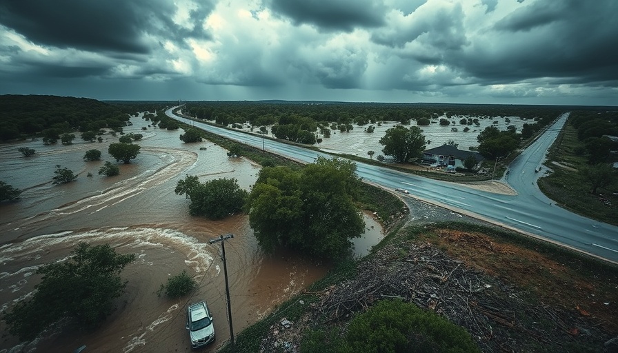 Texas Hill Country flooding scene with submerged roads and dark skies.
