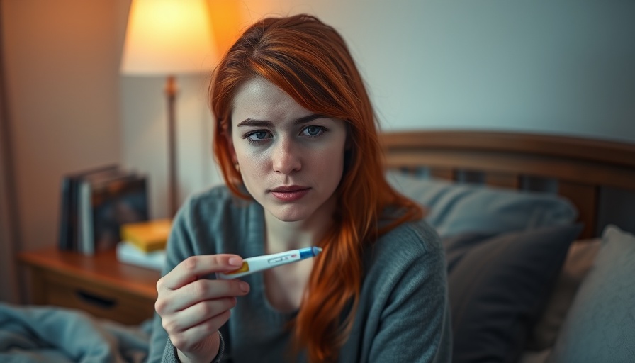 Young woman in bed with thermometer, cozy room lighting.