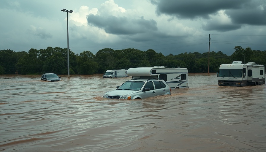 Flash flooding in Texas submerges vehicles and RVs in campground.