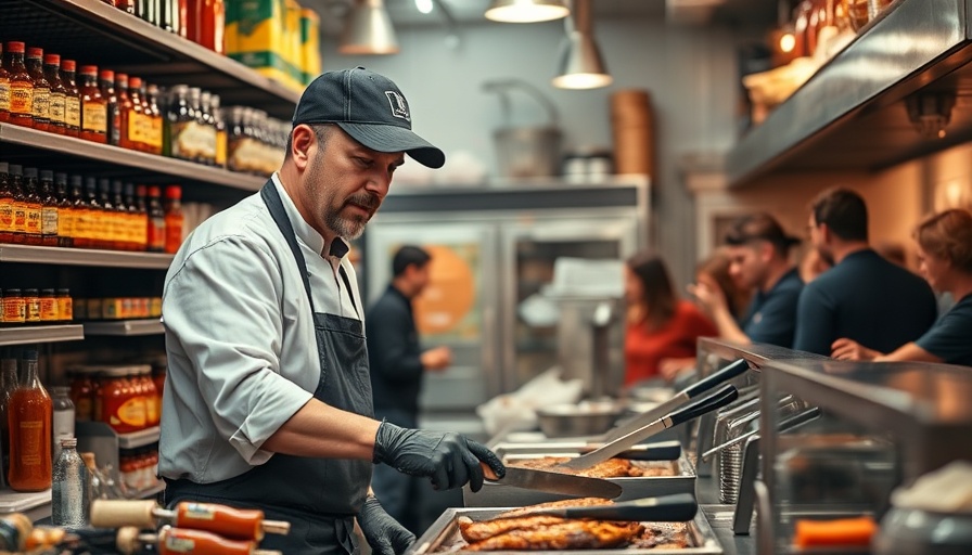 Chef at Davis Barbecue in Taylor crafting a meal in a lively kitchen.