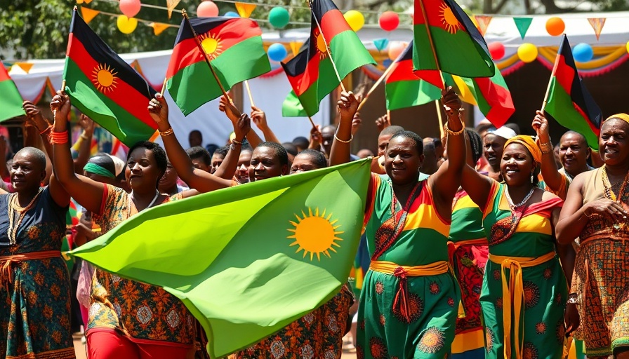 Malawi Independence Day celebration with traditional attire and flags.