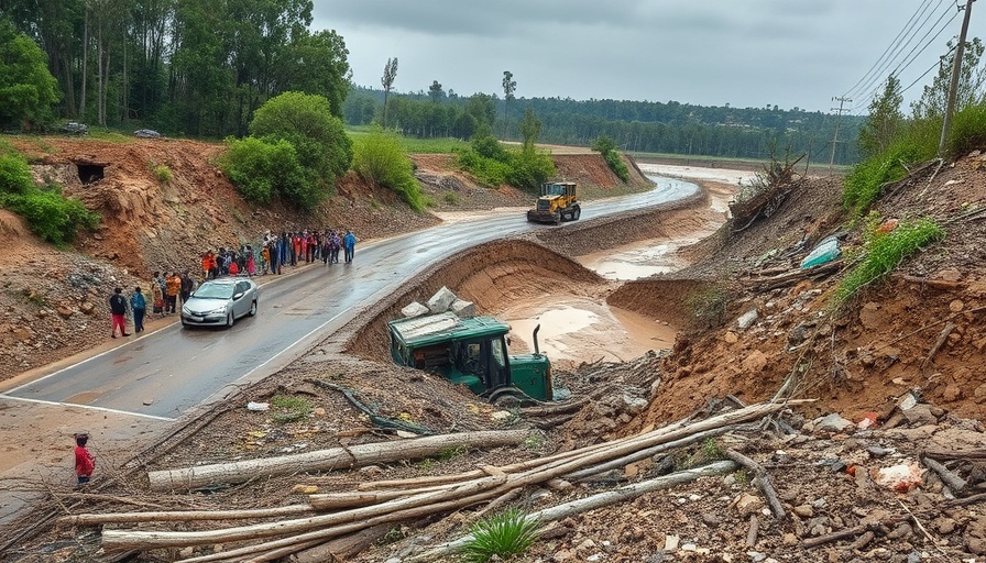 Texas flood aftermath scene with damaged road and bulldozer.