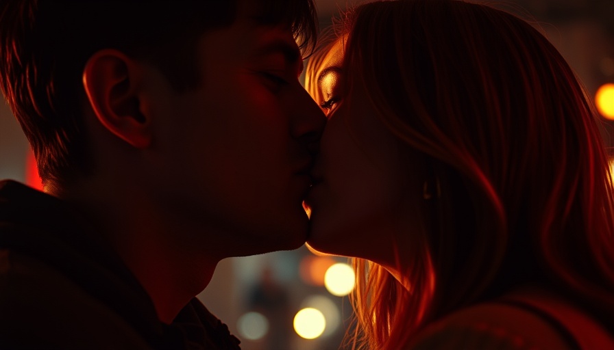 Intimate close-up of two people with textured lighting.