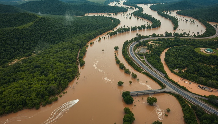 Aerial view of Texas Hill Country flooding over lush green hills.