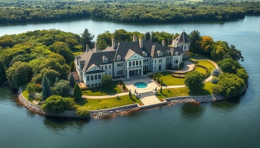 A luxurious mansion in Houston real estate market, surrounded by water.