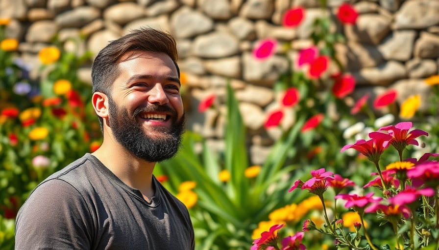 Man enjoys vibrant home garden, showcasing health benefits of gardening.