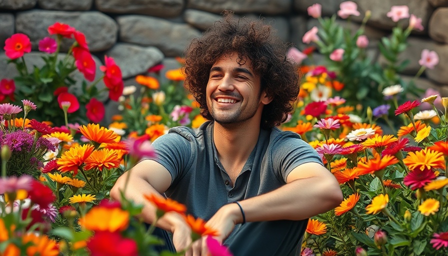 Man enjoying tranquility in a lush flower garden for health and wellness.