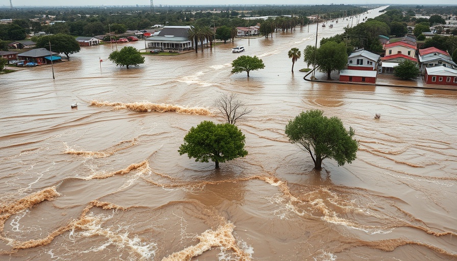 Severe Central Texas flooding with overflowing river and submerged streets.