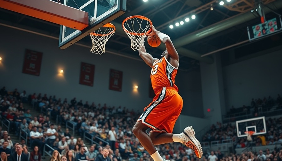 Dynamic basketball scene, player performing slam dunk, sports arena.