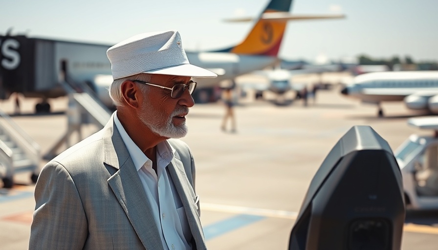 U.S. figure in white cap speaking at airport with equipment in background.