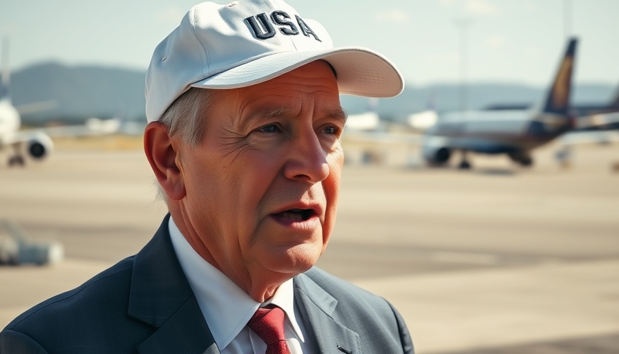 Older man with USA cap speaking on runway, U.S. trade letters 2023