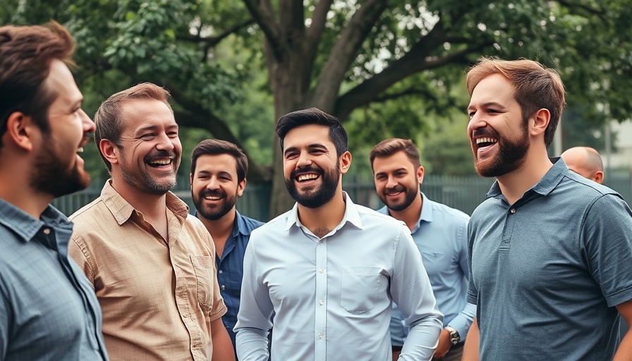 Men enjoying a casual outdoor event with laughter and conversation.